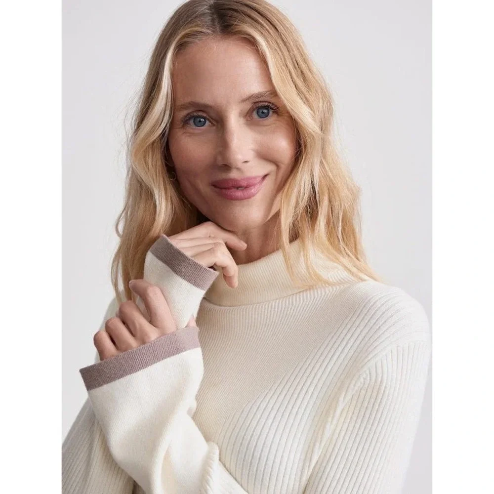 Varley Womens Ravena Rib Knit Turtleneck Top Sweater Cream Taupe Trim L Orig 128